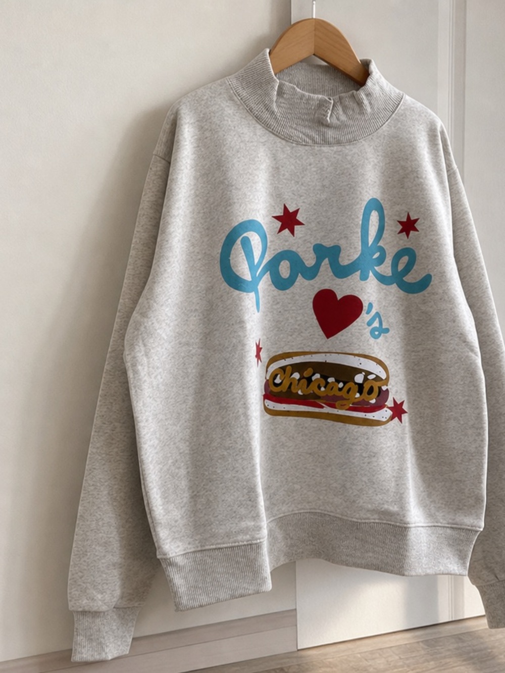 Parker Light Gray Graphic Crewneck Sweatshirt with Blue & Red Print